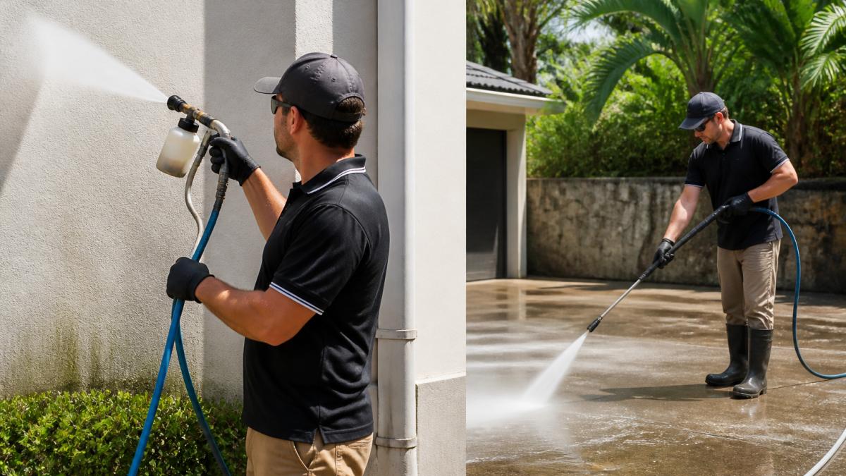 A technician using a low-pressure soft wash system on a rendered wall, gentle fan spray visible, with a high-pressure washer being used on a concrete driveway in the background