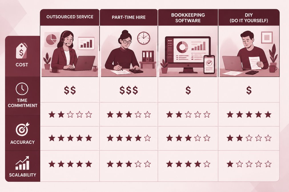 Comparison matrix of four bookkeeping alternatives, outsourced service, part-time hire, software, and DIY, rated on cost, time commitment, accuracy, and scalability