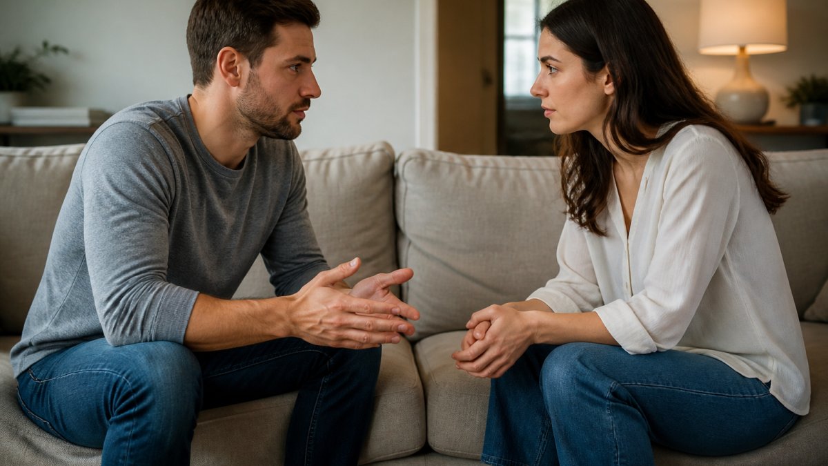 Two adults sitting face-to-face in a calm living room setting, having a serious conversation with open body language and neutral expressions