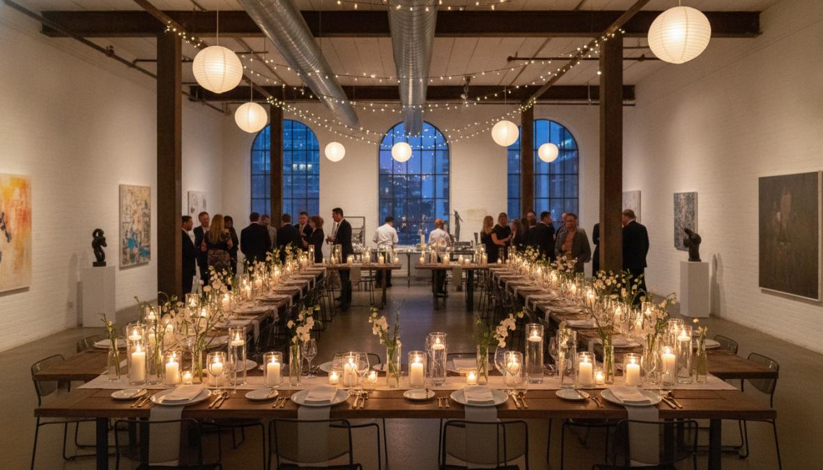 An elegant private dinner setup in a converted loft with candlelit tables, modern exposed brick walls, floor-to-ceiling windows overlooking Sydney's skyline, and guests enjoying an intimate meal in a non-traditional venue