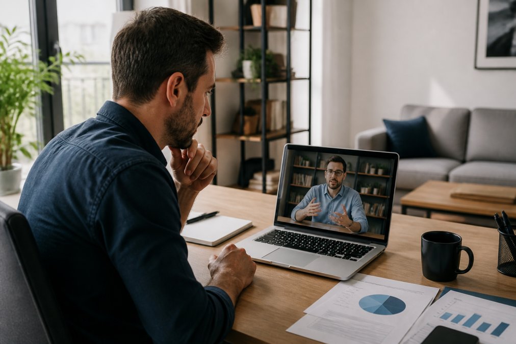 Startup founder discussing project plans with a remote developer, one of the alternatives to hiring full time developers.