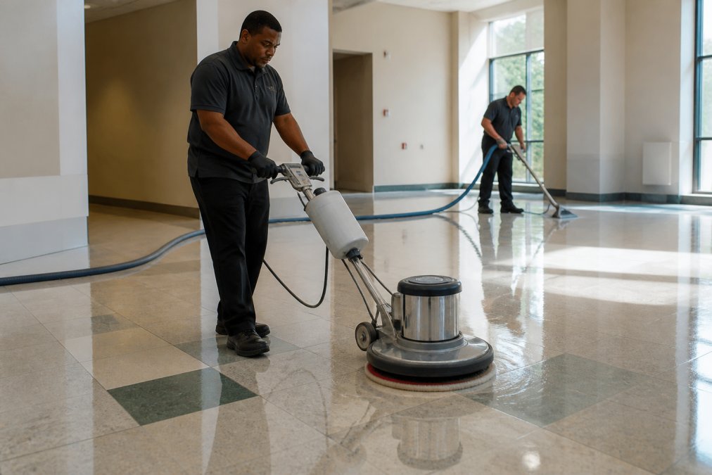 Site cleaners buffing a shiny VCT floor while another worker cleans carpet in a commercial hallway