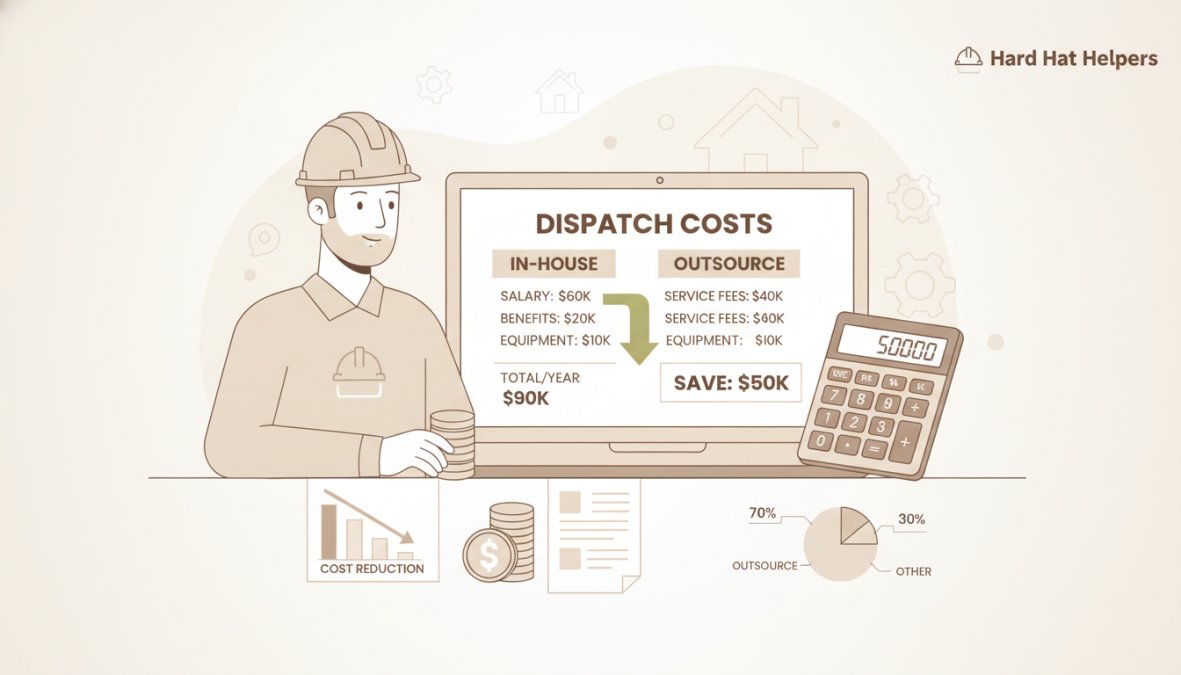 Business owner analyzing cost comparison spreadsheet between in-house and outsourced dispatch options on a laptop with financial documents and calculator