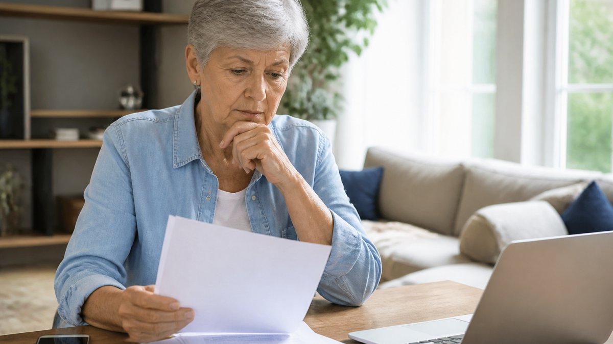 Mature adult reviewing Medicare documents at home with a laptop and phone nearby, looking thoughtful