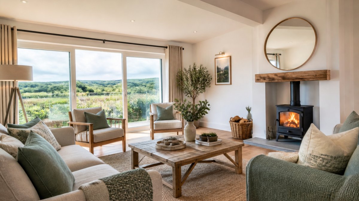 Bright, professional photograph of a cozy holiday let living room that serves as a key part of alternatives to holiday let