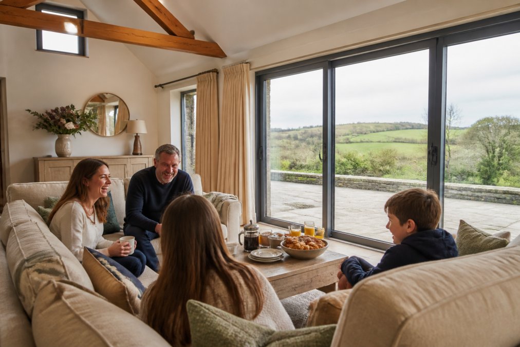 A bright, modern barn conversion living space with families relaxing on comfortable sofas, large windows showing rolling Devonshire countryside views, warm natural light