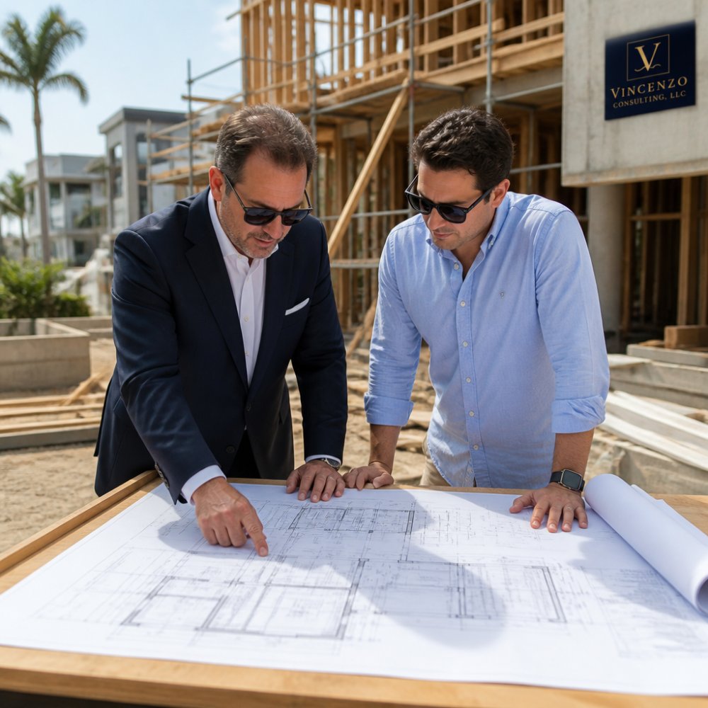 Construction consultant and developer reviewing blueprints on a luxury residential site with construction oversight
