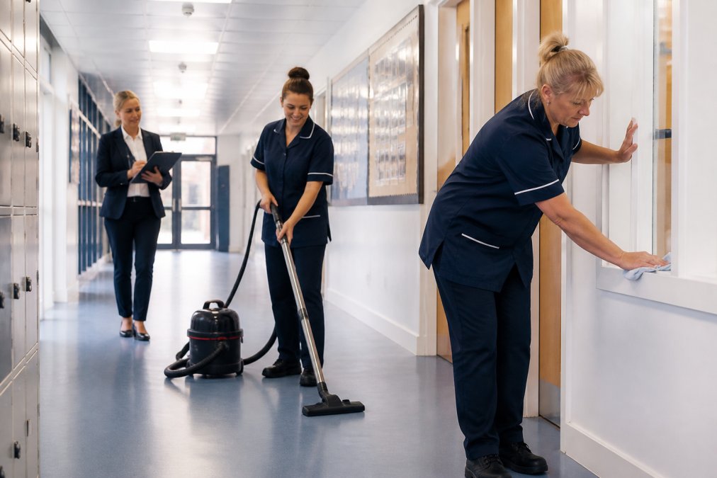 Professional cleaning staff in uniform using modern equipment in a bright school corridor, with a supervisor checking cleaning standards on a clipboard