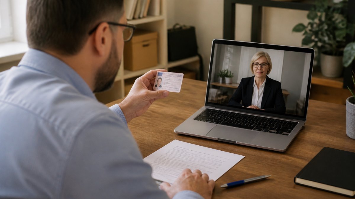 Professional seated at desk during video call on laptop, holding government ID document up to camera for verification, with notary visible on screen