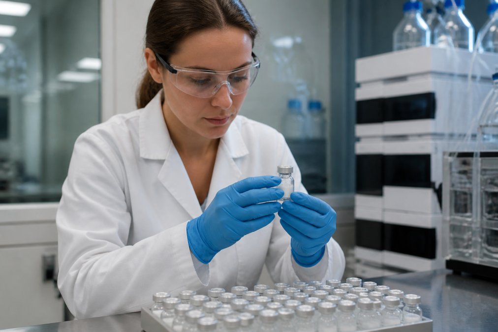 Laboratory technician in white coat and protective gloves carefully handling sealed peptide vials in a controlled clean room environment with specialized analytical equipment visible in the background