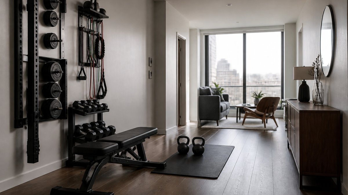 Minimalist gym equipment neatly arranged in a sunlit apartment with mid-century modern furniture decor.