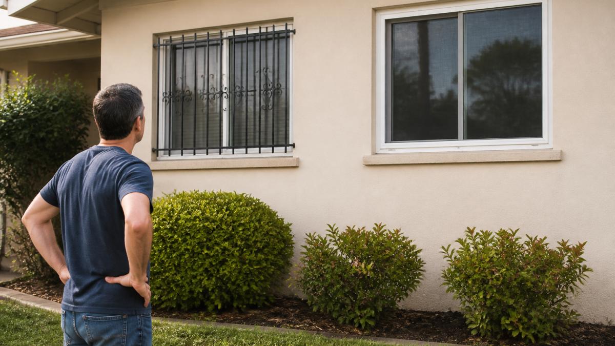 A homeowner standing on a front lawn looking up at a house window fitted with traditional iron security bars, while a neighboring window shows a clean, unobstructed security screen, natural daylight, residential setting
