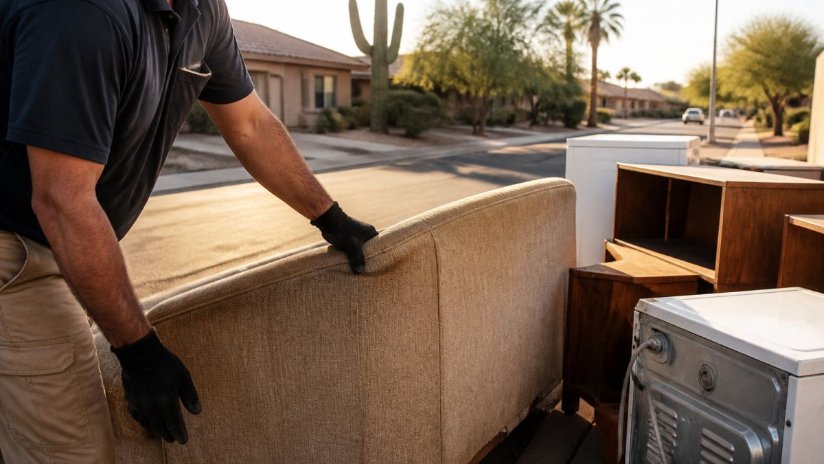 Homeowner standing by a pile of bulk trash on a residential curb in Mesa, Arizona