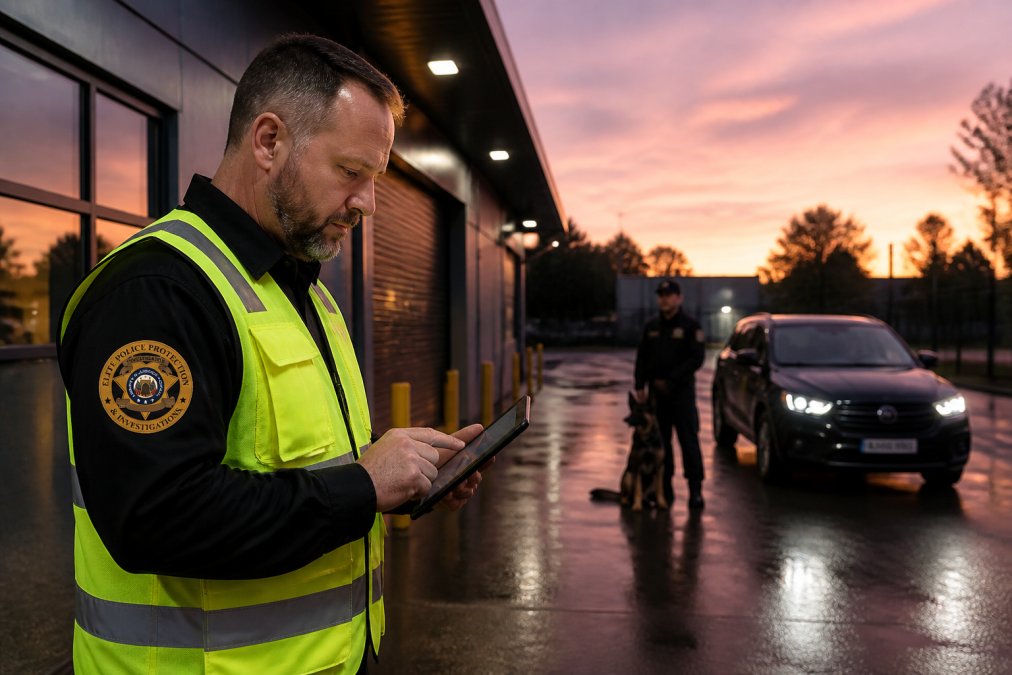 A security manager in a reflective vest standing at a commercial property entrance at dusk, reviewing a tablet with a K9 unit and handler visible in the background near a patrol vehicle