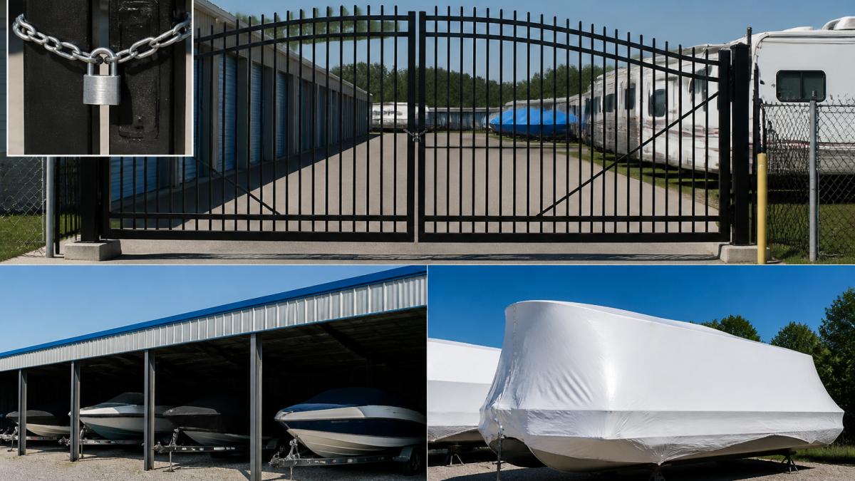 Secured boat storage facility with covered units and a shrink-wrapped boat as one of the alternatives to keeping a boat in