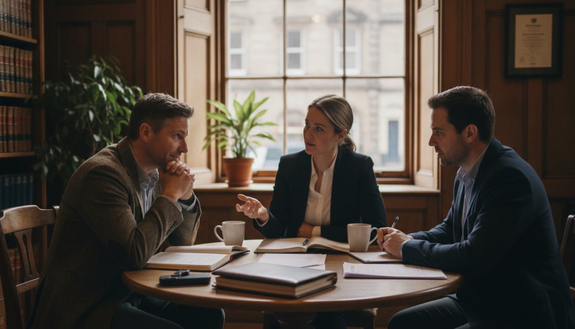 A personal injury solicitor in a professional Glasgow office having a detailed one-to-one consultation with a client, reviewing case documents and medical reports across a wooden desk, natural light from large windows