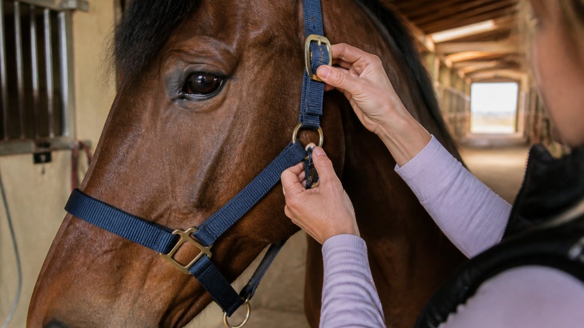 Rider adjusting the buckle and crown piece of a nylon horse halter on a bay horse in a barn aisle