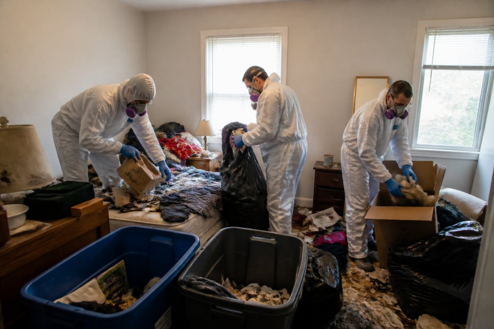 Professional cleanup team in protective gear carefully removing and sorting items from a cluttered residential bedroom, with organized piles visible and natural light from windows