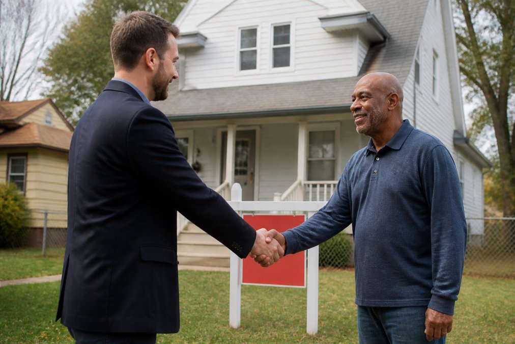 Real estate professional and homeowner shaking hands in front of a residential house with "SOLD" sign visible, representing completed cash home transaction