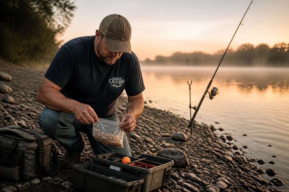 Angler preparing artificial alternatives to live bait for catfish on a gravel riverbank at dawn