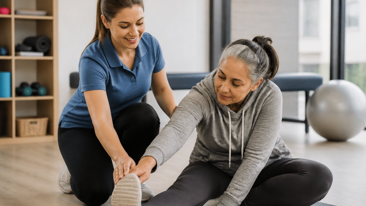 Physical therapist demonstrating proper stretching technique with patient in modern clinic with natural lighting