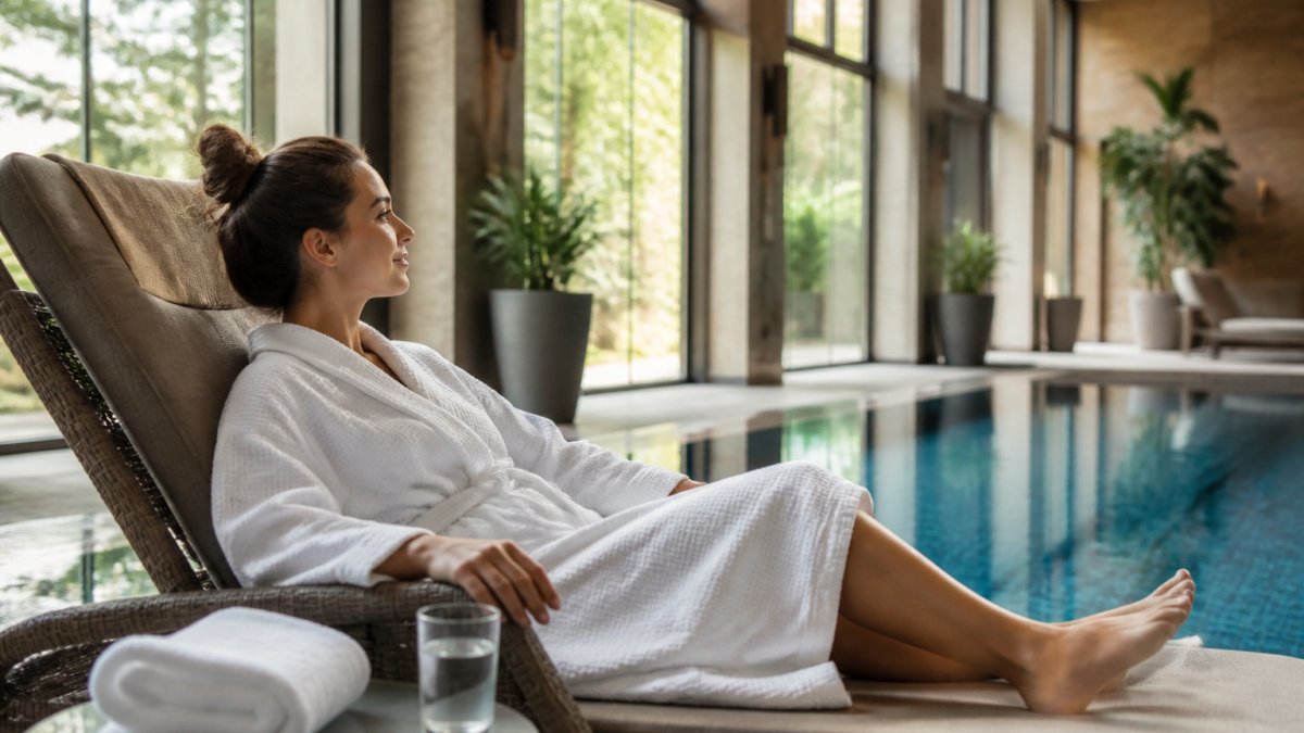 A woman relaxing on a lounger beside an indoor pool with a towel and a glass of water on a side table, soft natural light through large windows
