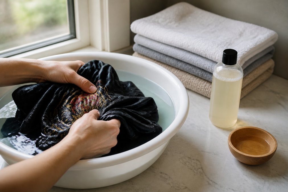 Close-up of hands gently squeezing a graphic t-shirt in a basin of cool water, with a small amount of mild detergent visible nearby, soft natural lighting from a window