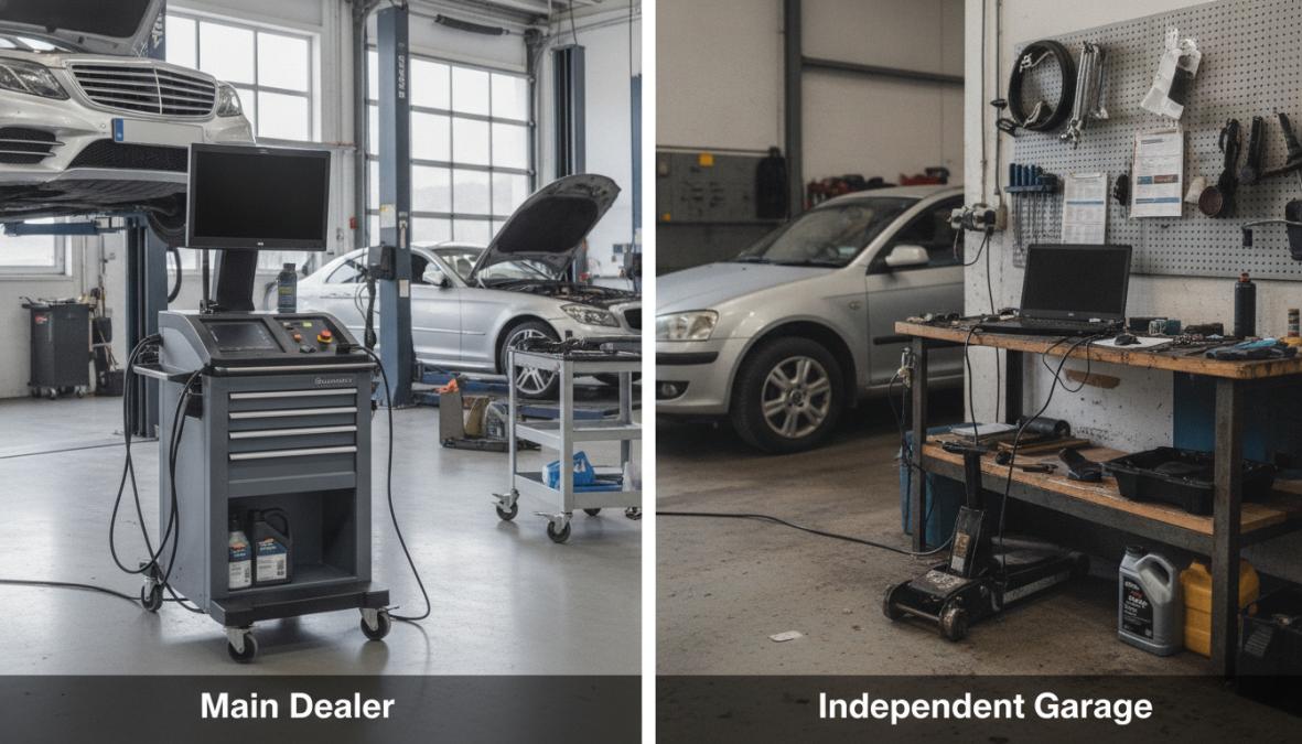 Visual comparison chart showing professional and mechanic and clean concepts for alternatives to main dealer car servicing