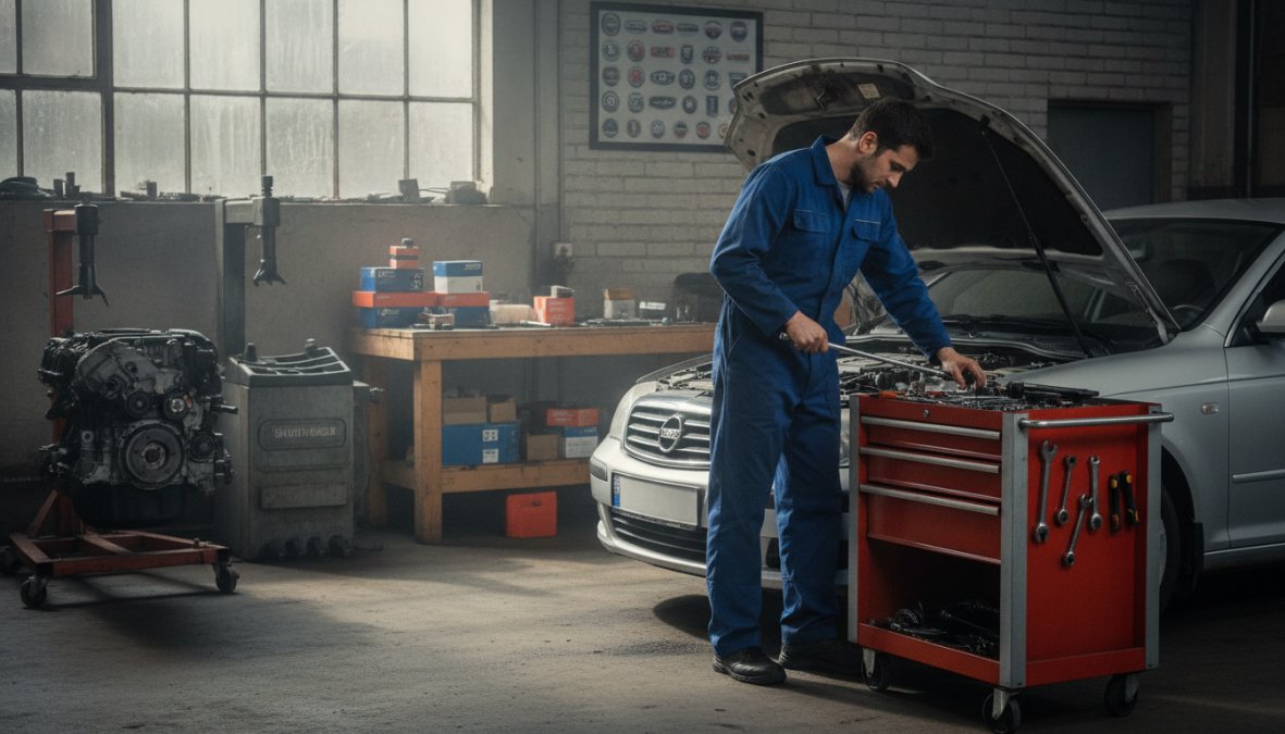 A car owner reviewing service documentation and credentials with a professional mechanic in a well-equipped garage workshop, examining maintenance records and parts