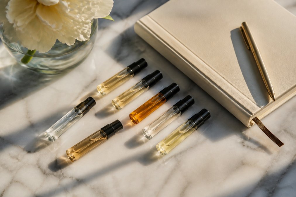 Small sample vials of floral perfumes arranged on a marble surface next to a notebook and pen.