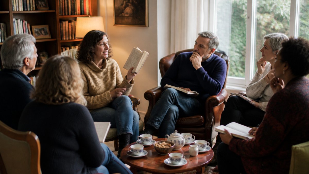 A book club meeting in a warm living room, six adults of mixed ages seated in a circle with paperbacks and notebooks, one person holding a book up mid-discussion, cups of tea on a low table