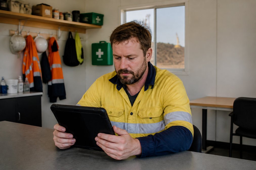 A mining employee in high-visibility workwear using a tablet to complete an interactive compliance module in a remote site office, with safety signage visible in the background
