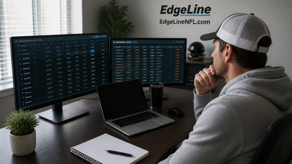 Sports bettor sitting at desk with multiple monitors displaying live sportsbook lines and analytics dashboards, reviewing real-time data with focused concentration