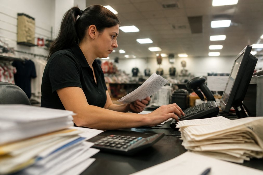 Retail staff member manually entering invoice data into a computer at a checkout counter, surrounded by stacks of paper receipts and supplier invoices under fluorescent lighting
