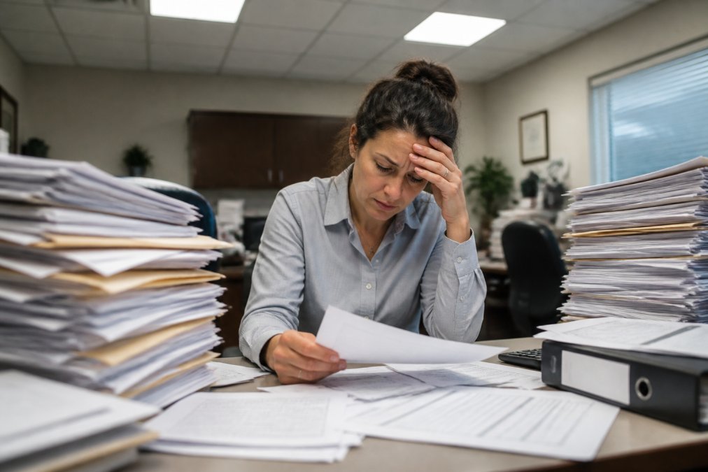 A clinic office manager sorting through a large pile of paper documents and spreadsheets at a cluttered desk, looking stressed under harsh overhead lighting