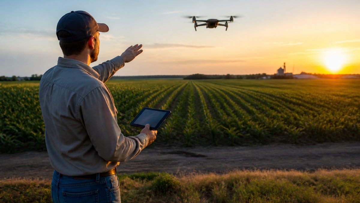 Professional drone operator launching quadcopter above expansive agricultural field with crop rows visible below during golden hour, with tablet displaying real-time flight data in foreground