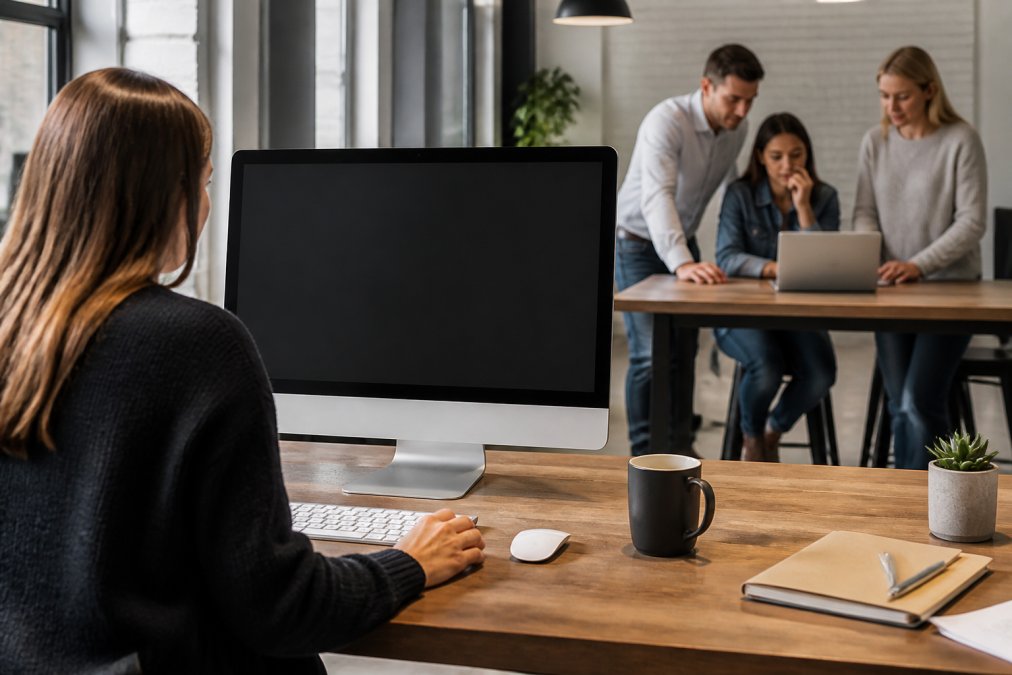 Marketing team member reviewing lead qualification software on desktop monitor with CRM dashboard visible, team members collaborating in modern office background