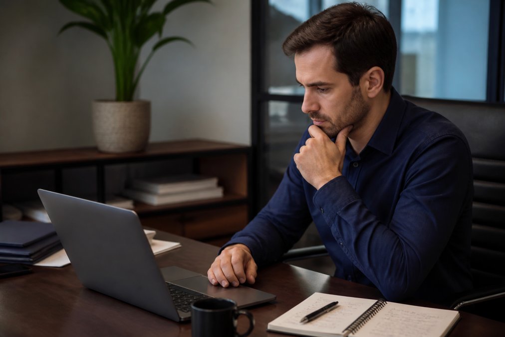 Business professional at laptop analyzing lead data and conversion metrics with notes and coffee on desk