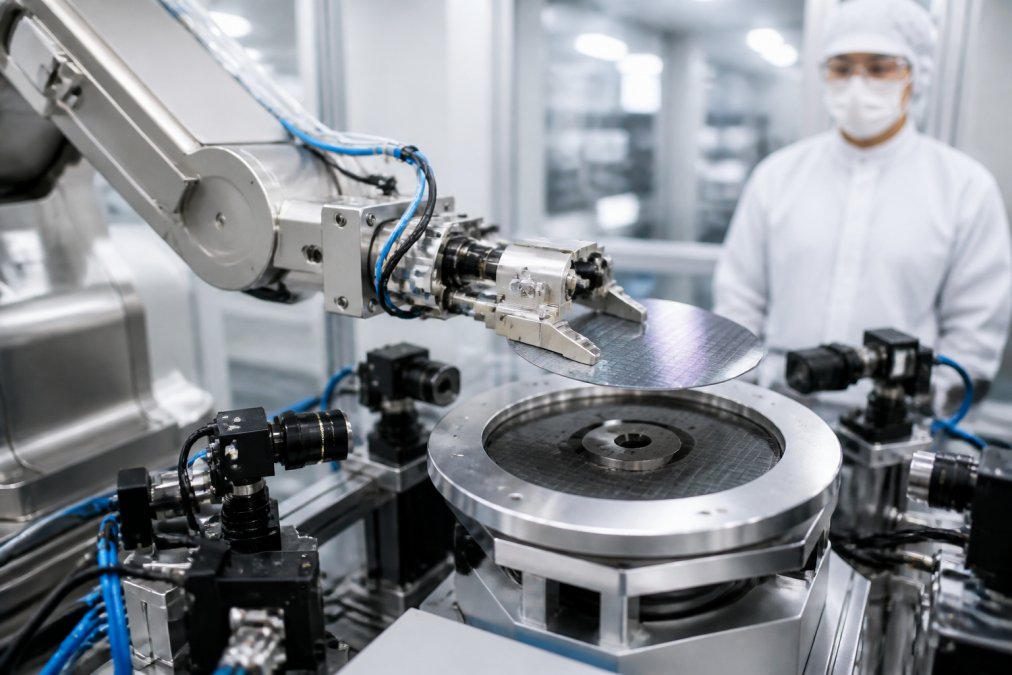 Robotic precision arm positioning a semiconductor wafer onto an alignment platform in a cleanroom environment, with multiple optical sensors visible and technician monitoring in background