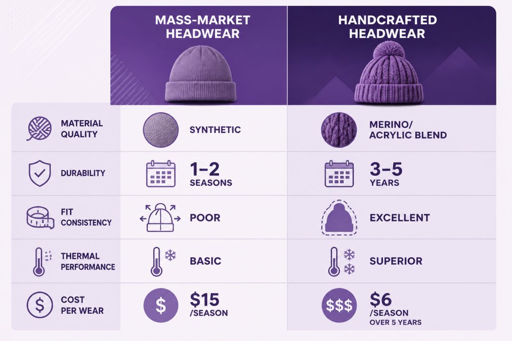 Comparison matrix showing mass-market vs. handcrafted winter headwear: Material quality (synthetic vs. merino/acrylic blend), Durability (1-2 seasons vs. 3-5 years), Fit consistency (poor vs. excellent), Thermal performance (basic vs. superior), Cost per wear ($15/season vs. $6/season over 5 years)