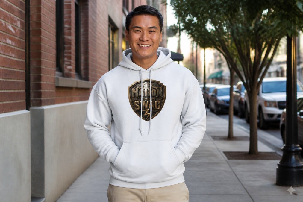 Person wearing a modern, minimalist Christian graphic hoodie in neutral tones, standing in an urban street setting with natural daylight, showing how faith-based apparel integrates seamlessly into contemporary streetwear style