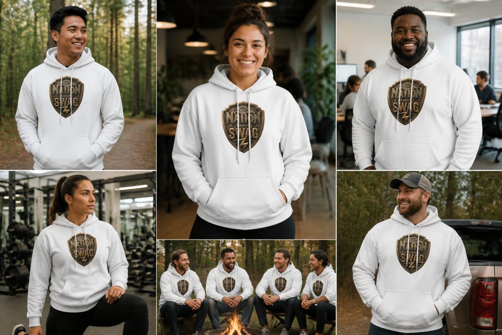 Multiple people of different body types and backgrounds wearing well-fitted Christian hoodies and t-shirts in various settings, casual outdoor environments, office spaces, and active wear scenarios, demonstrating proper fit and comfort across different size ranges and body shapes