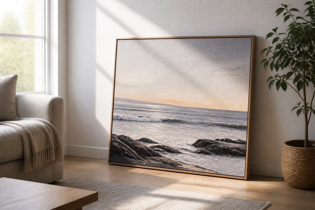 A bright living room corner with a large framed coastal seascape canvas leaning against a wall, natural window light falling across the textured surface