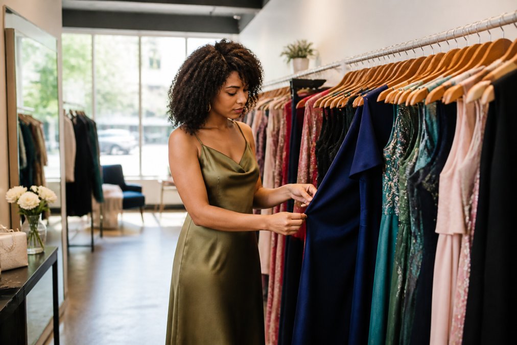 A woman in a floor-length silk occasion dress browsing garment racks at a well-lit clothing rental boutique, examining fabric detail with natural light coming through large windows