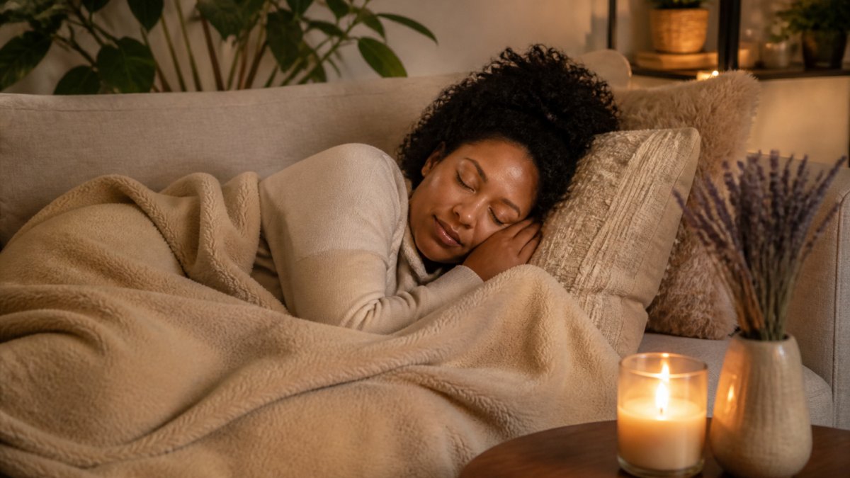 Woman resting peacefully on a couch with a warm blanket, soft amber lighting from a soy candle nearby, creating a calm restorative environment