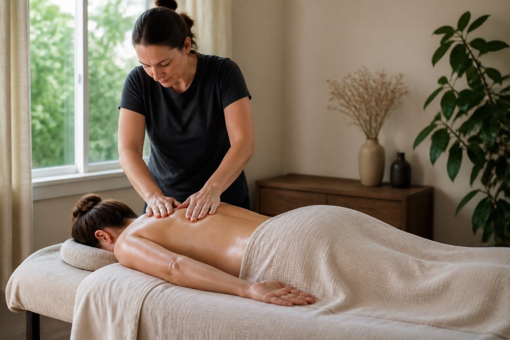 A licensed massage therapist performing therapeutic massage on a patient's upper back in a calm, well-lit treatment room with soft neutral tones and natural light