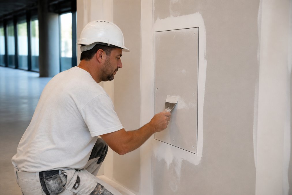 Professional contractor finishing a recessed access panel with drywall compound, showing flush-mounted door panel sitting below the wall surface plane with concealed hinges, in a modern commercial interior