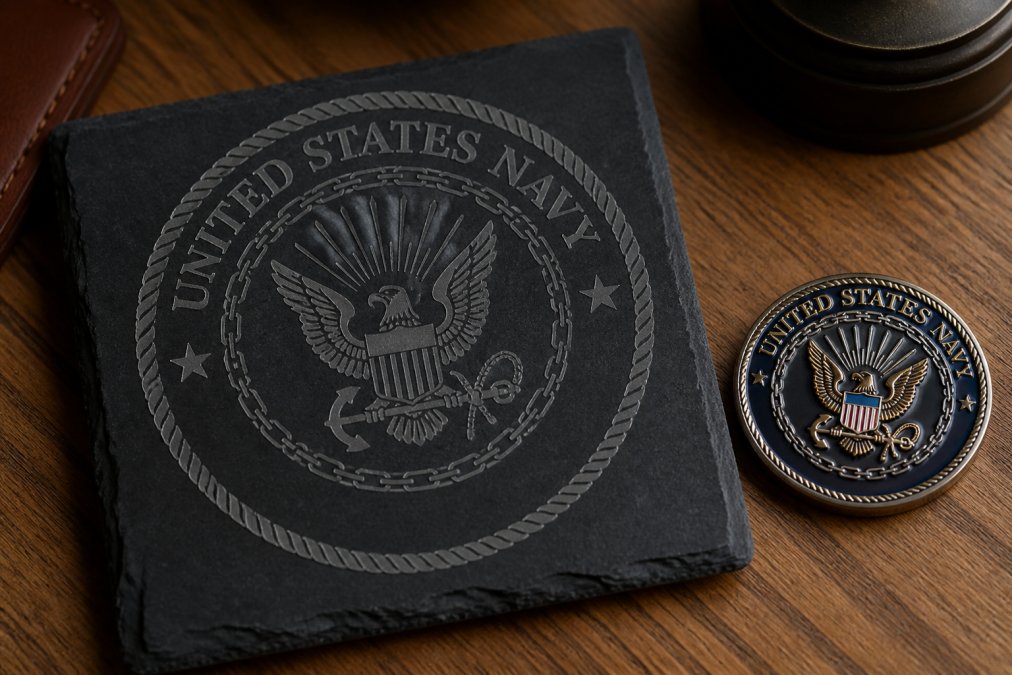 A close-up photograph of a laser-engraved black slate plaque featuring a Navy challenge coin design, resting on a wooden desk next to a metal challenge coin for size comparison, with soft natural lighting highlighting the engraved details