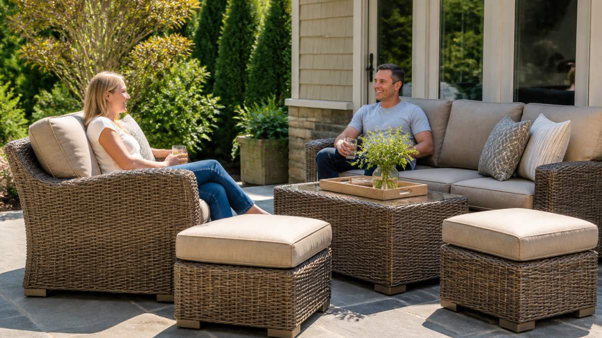 A sunny residential backyard patio with a synthetic wicker furniture set in use, showing homeowners relaxing on cushioned chairs and ottomans in afternoon sunlight, demonstrating real-world comfort and styling
