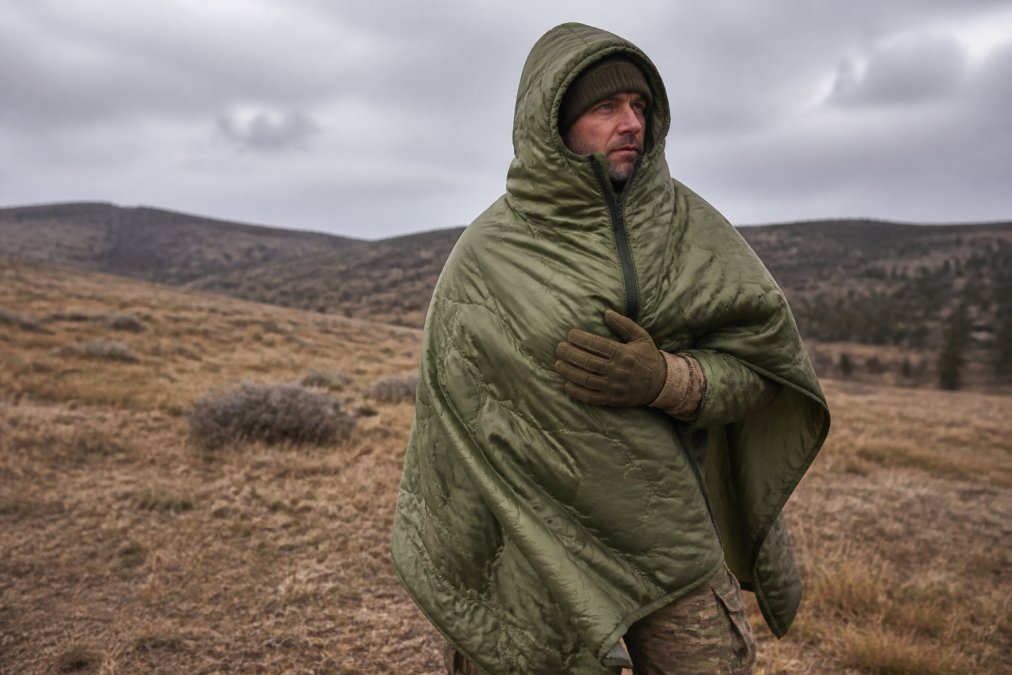 Outdoor enthusiast in tactical gear using a zippered poncho liner as a wearable serape in overcast field conditions, demonstrating the integrated head port and weather protection